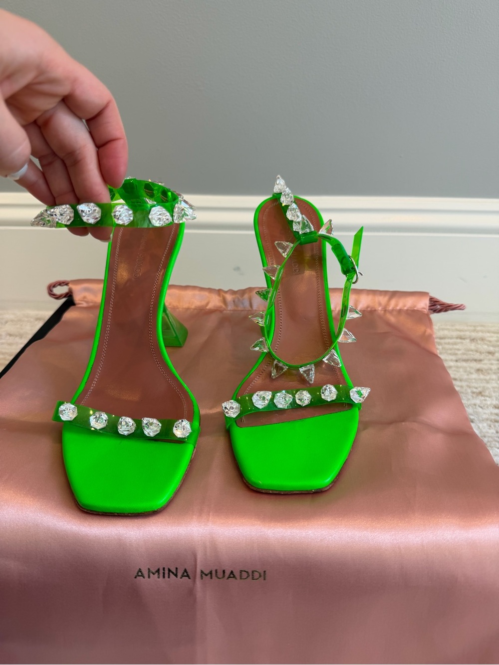Amina Muaddi Neon Green Crystal-Embellished Sandals